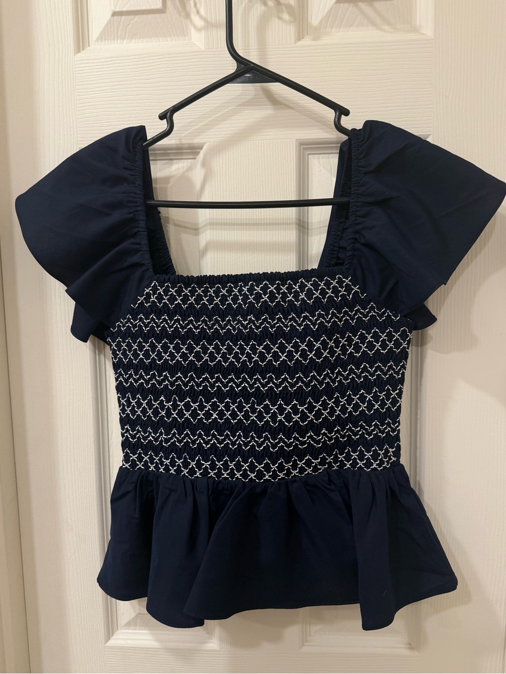 Navy Smocked Peplum Ruffle Sleeve Blouse - Unbranded